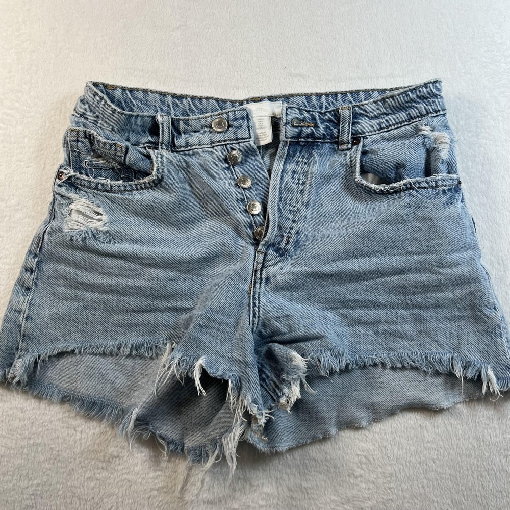 H&M‎ Shorts Womens 6 Blue Denim Cut-Off Distressed Button Fly Frayed Raw Hem